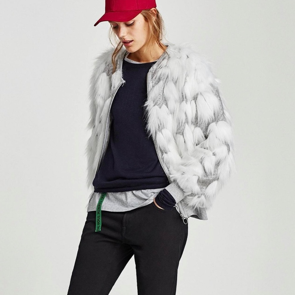Zara Gray and White Faux Fur Jacket Cozy Chic
